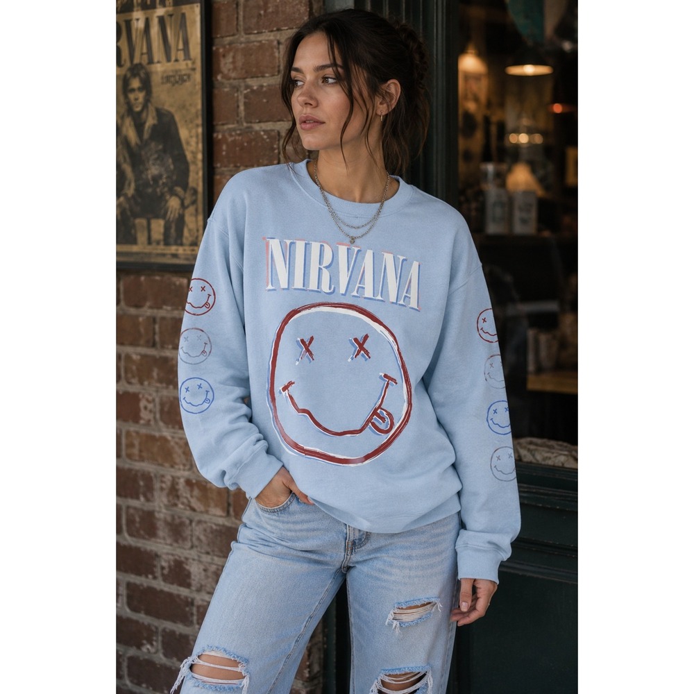 Nirvana Graphic Crewneck Sweatshirt Blue Smiley Face‎ Long Sleeve Size S